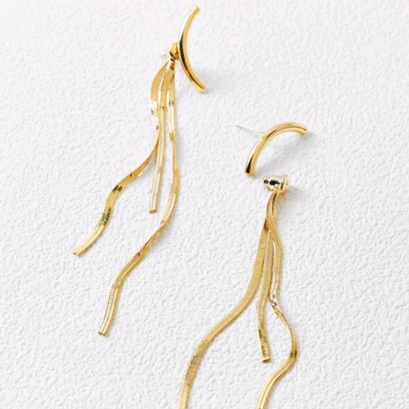Curved Bar yellow Gold plated Tassel boho chic Statement earrings 2/$30 - Picture 6 of 13